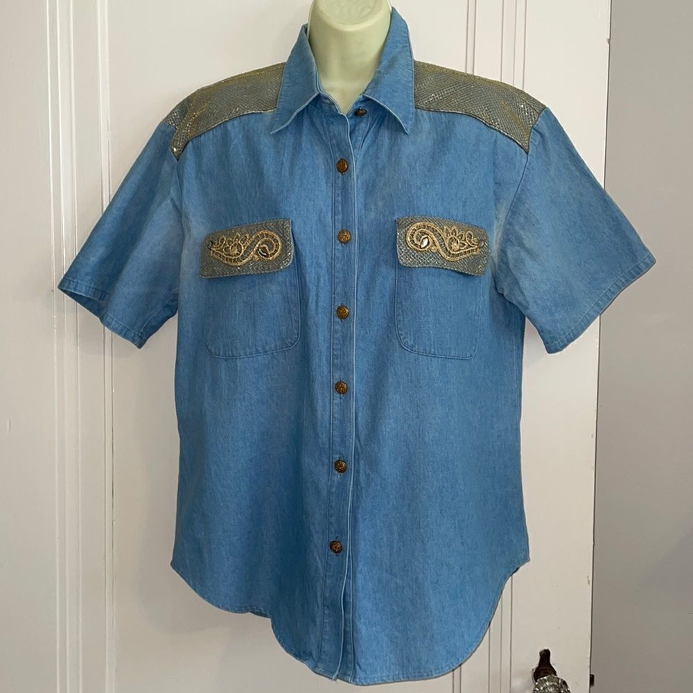 Awesome Vtg 80s City Girl Sport‎ denim shirt with gold embellishments
